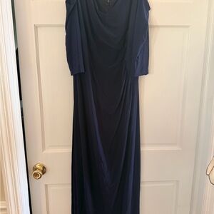 R & M Richards Navy Long Sleeve Draped Evening Gown